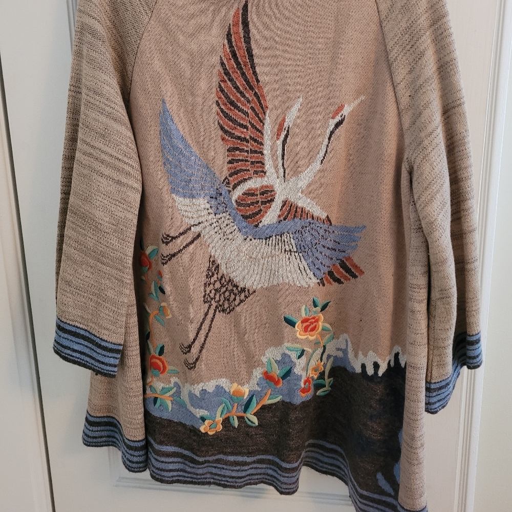 WHR brand open front sweater with cranes